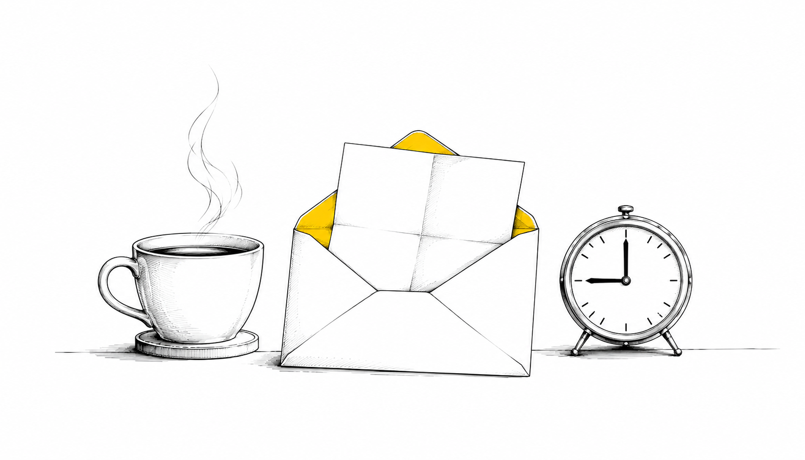 Una taza de café junto a un sobre abierto con interior amarillo y un reloj que marca las nueve de la mañana