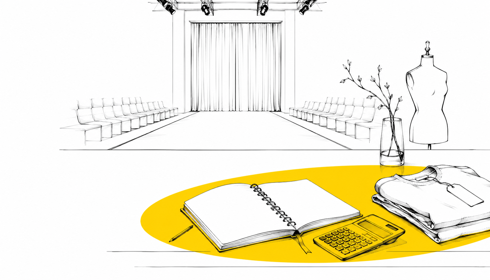 Pasarela de moda vacía con el telón cerrado; en primer plano, una mesa de trabajo con libreta y calculadora iluminada en amarillo