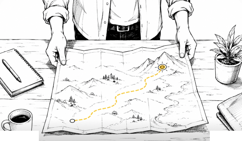Unas manos despliegan un mapa con una ruta amarilla trazada hacia un punto de destino